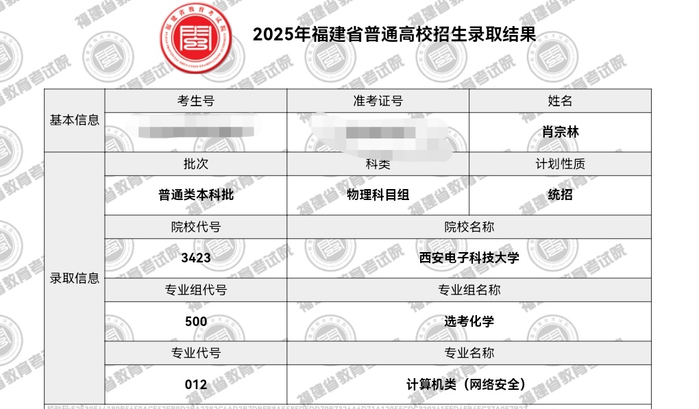 录取西安电子科技大学
